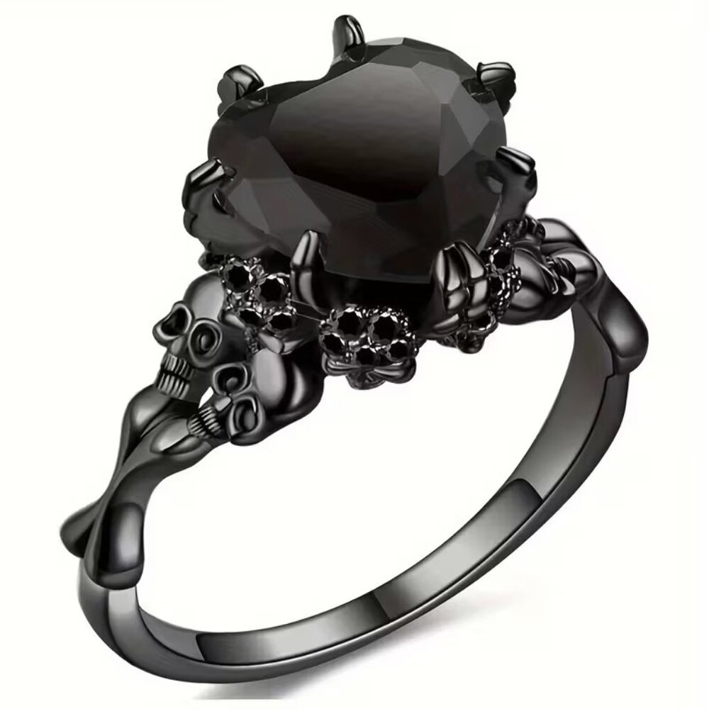 Gothic Black Double Skull Ring with Black Heart Shaped Crystal Z172